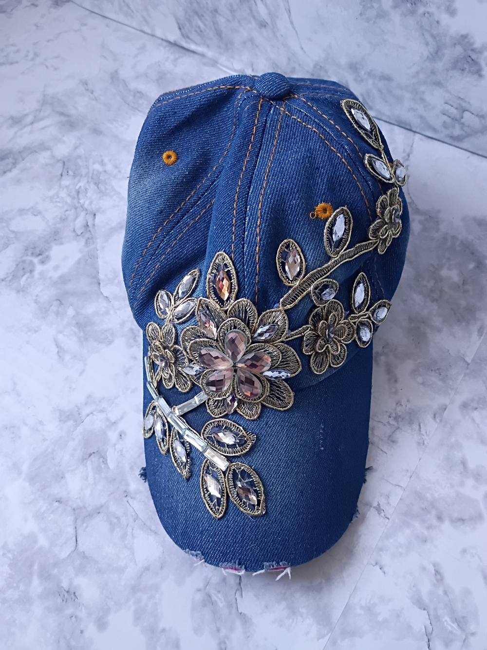 Blue Denim Baseball Cap with Crystal Floral Applique